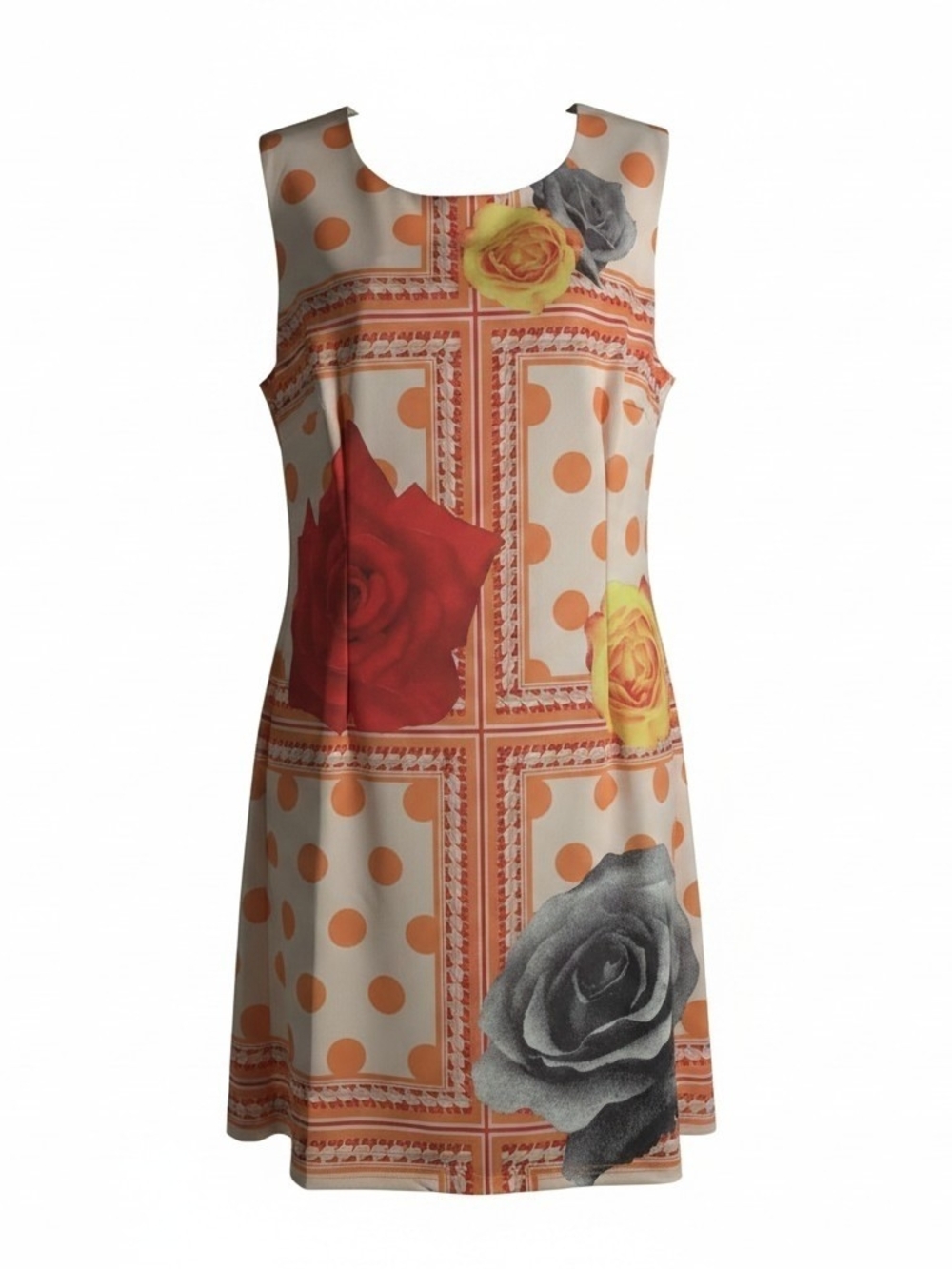 24Seven Floral Polka Dot Sleeveless Shift Dress in Cream and Orange Size L